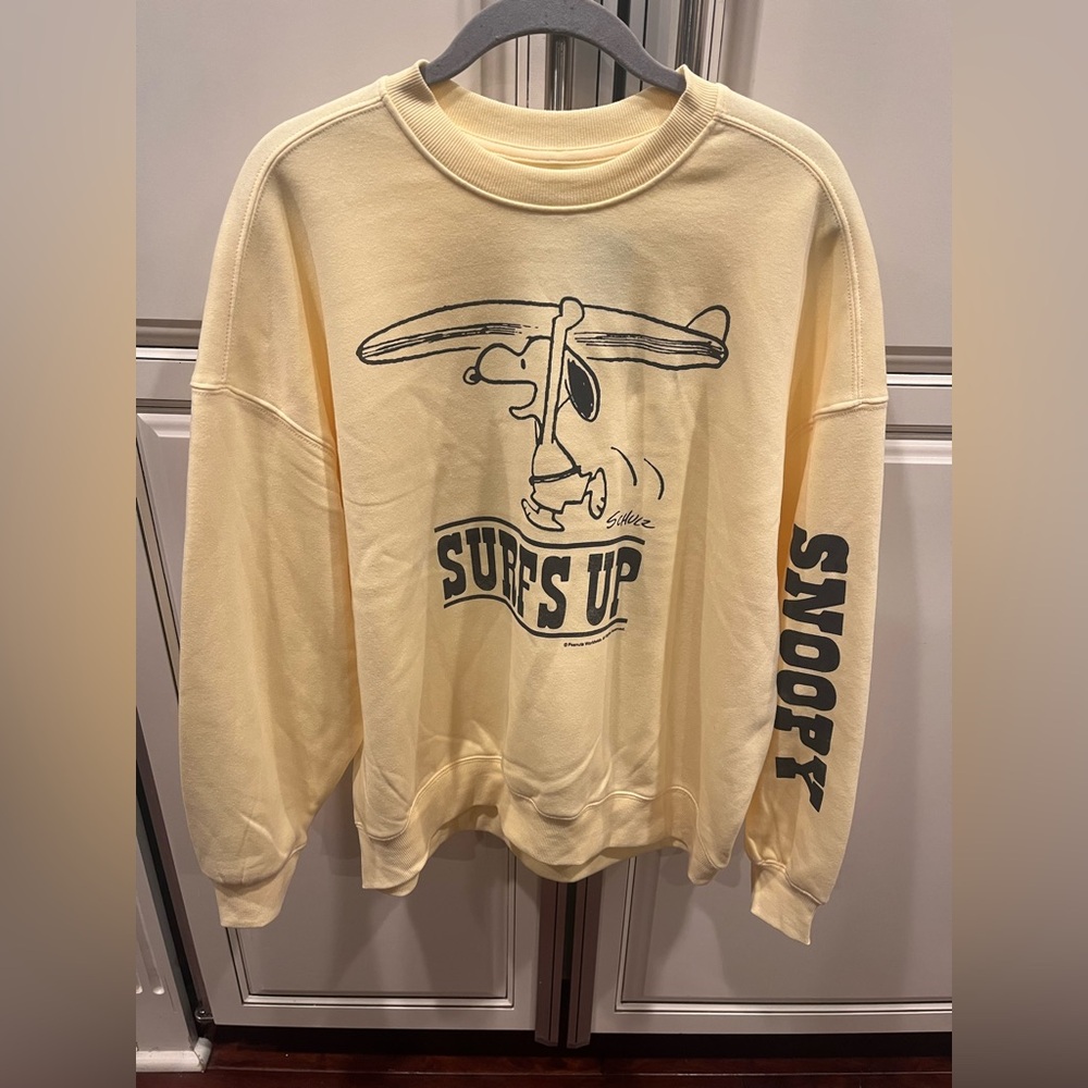 Hybrid Apparel Peanuts Snoopy Surf's Up Yellow Sweater Pullover Sweatshirt
